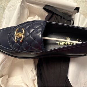 CHANEL Navy Blue Moccasins